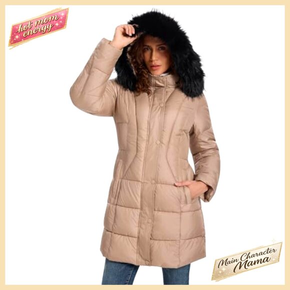 Women's Long Down Puffer Coat with Detachable Faux Fur Hood, Winter Parka - Picture 3 of 6